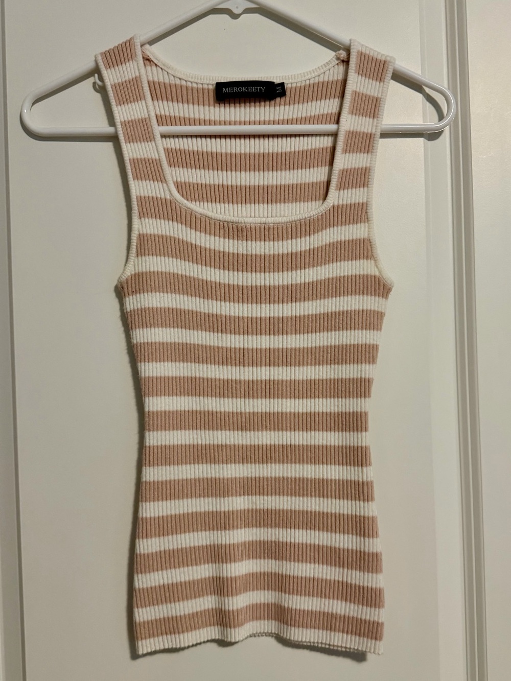 Ribbed Tank Top in Beige and White Stripes